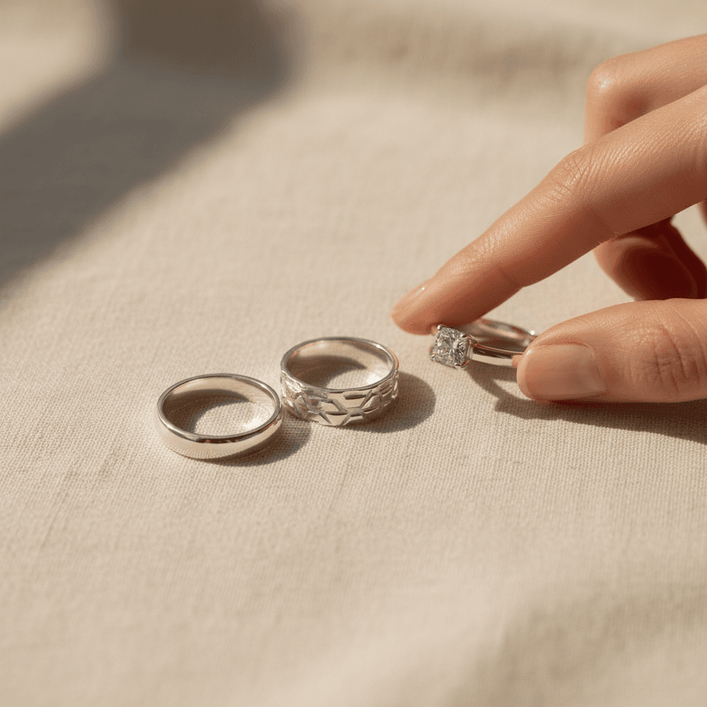 Three sterling silver rings in varying styles arranged on neutral linen with natural light highlighting metal details