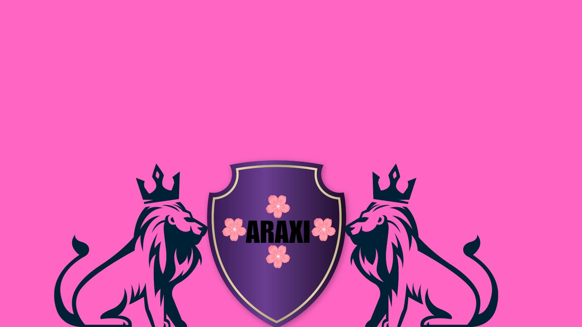 Purple shield with ARAXI and flowers, flanked by two crowned pink lions against pink.