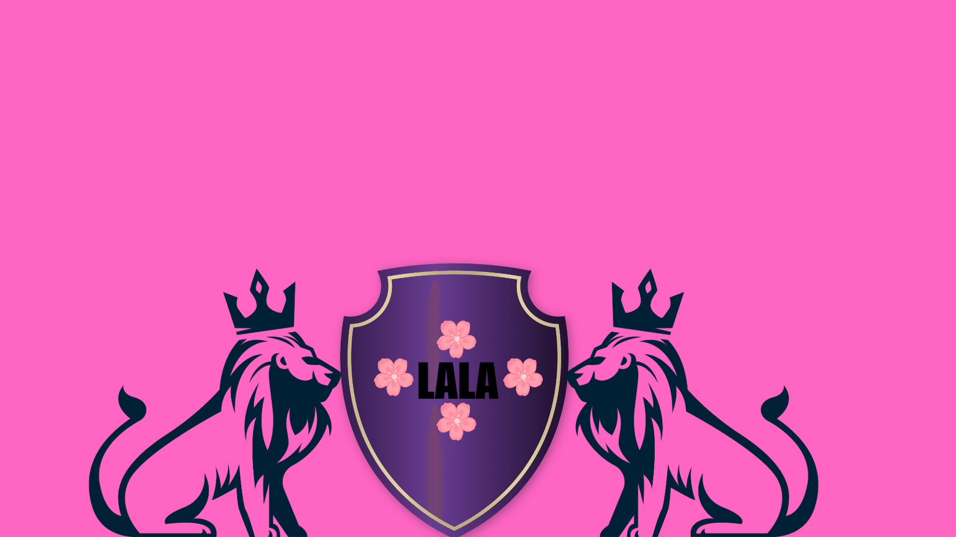 Crowned lions flanking a purple shield with LALA and cherry blossoms on pink background.