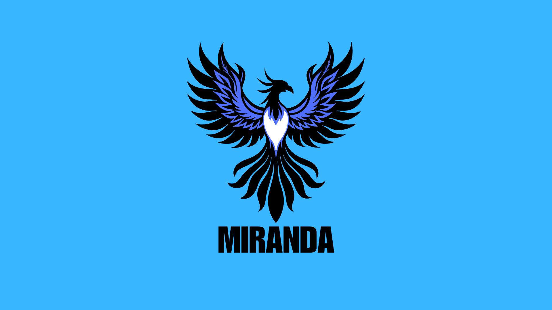 Stylized black and blue phoenix logo with spread wings above the word MIRANDA on blue.