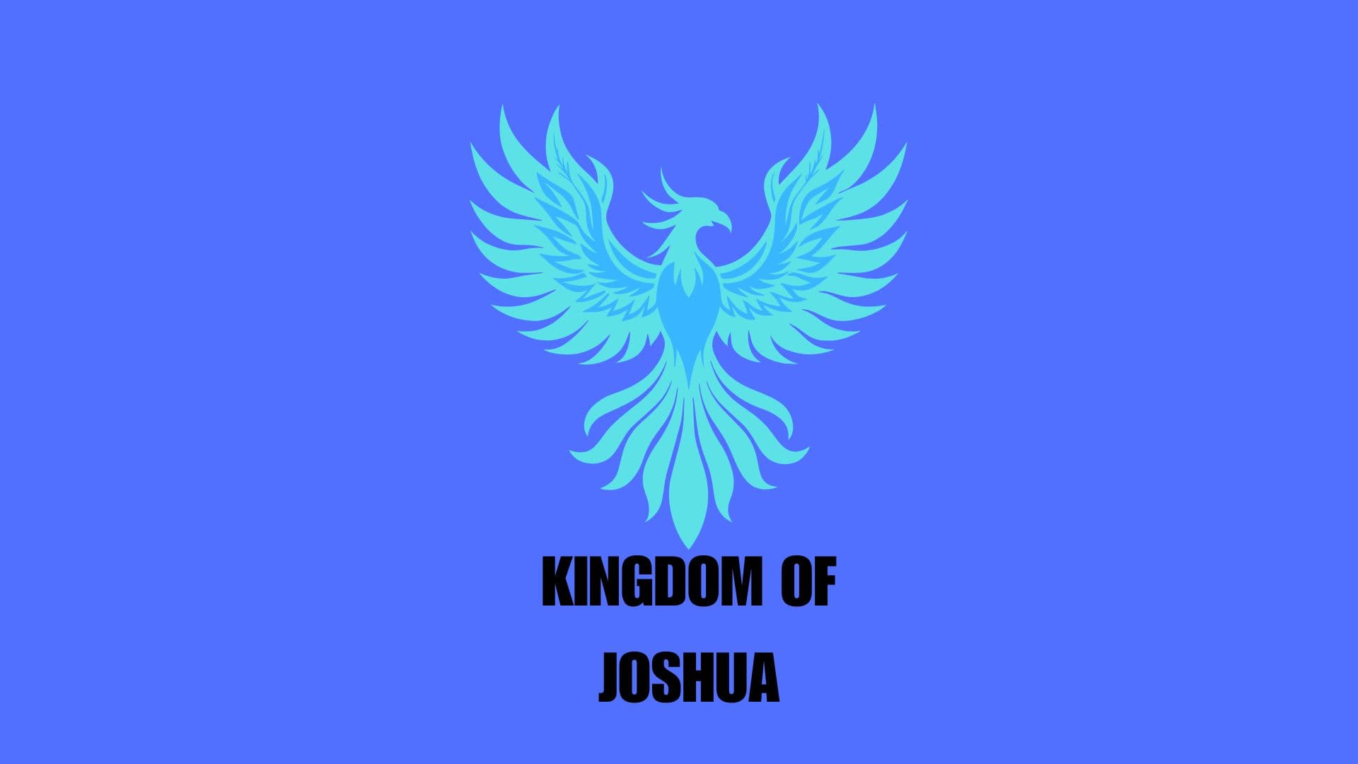 Light blue phoenix emblem on a blue background with black text Kingdom of Joshua.