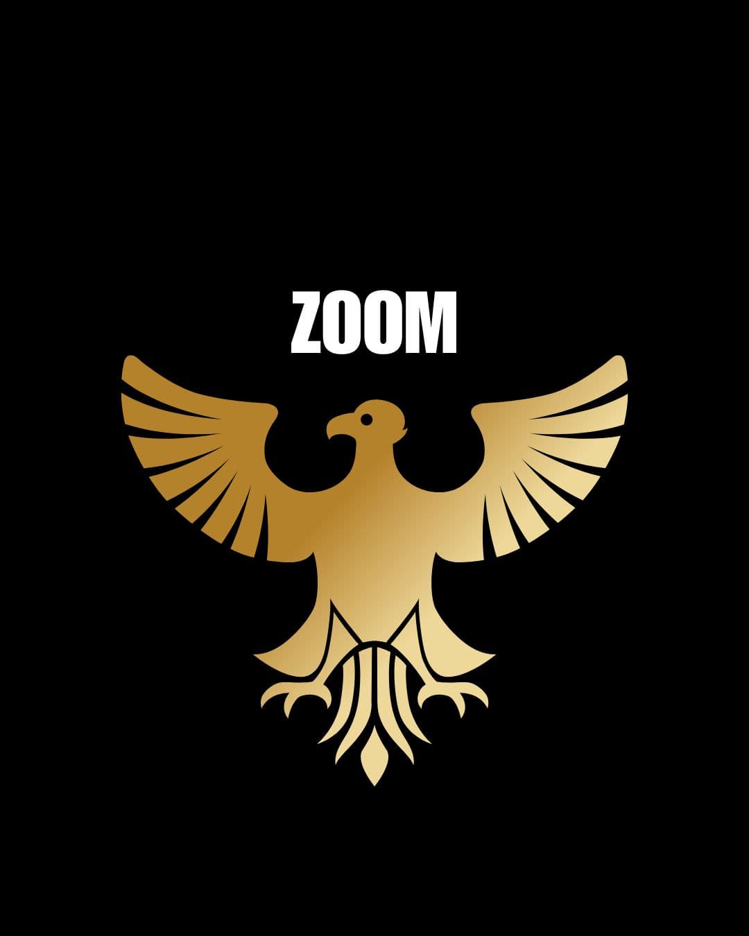 Golden eagle silhouette with spread wings below the white text ZOOM on a black background.