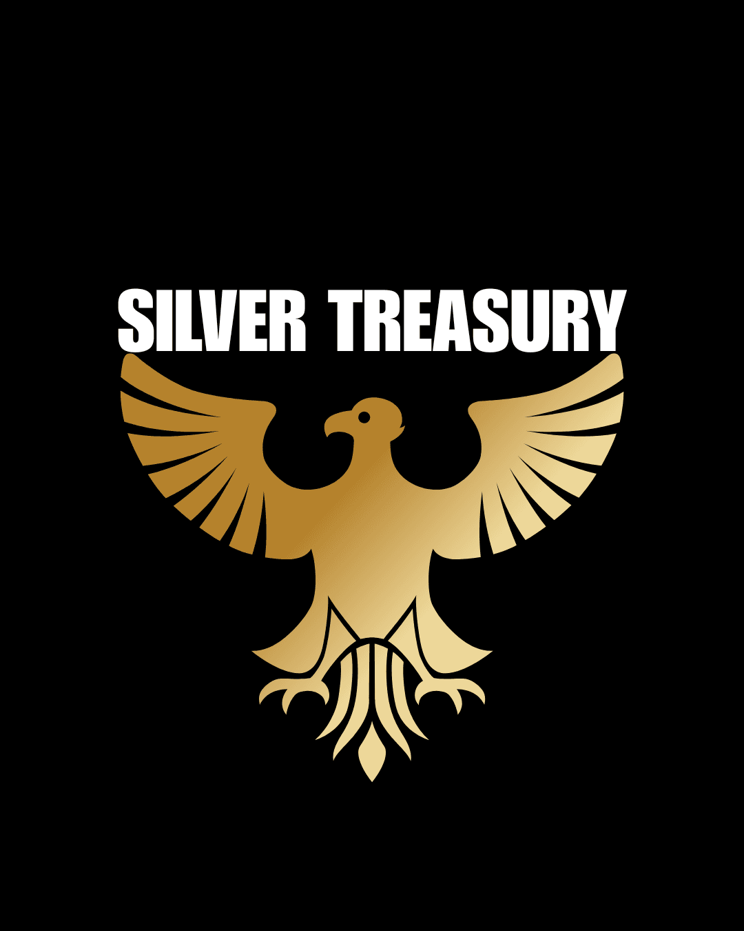 Gold eagle with spread wings below white "SILVER TREASURY" text on a black background.