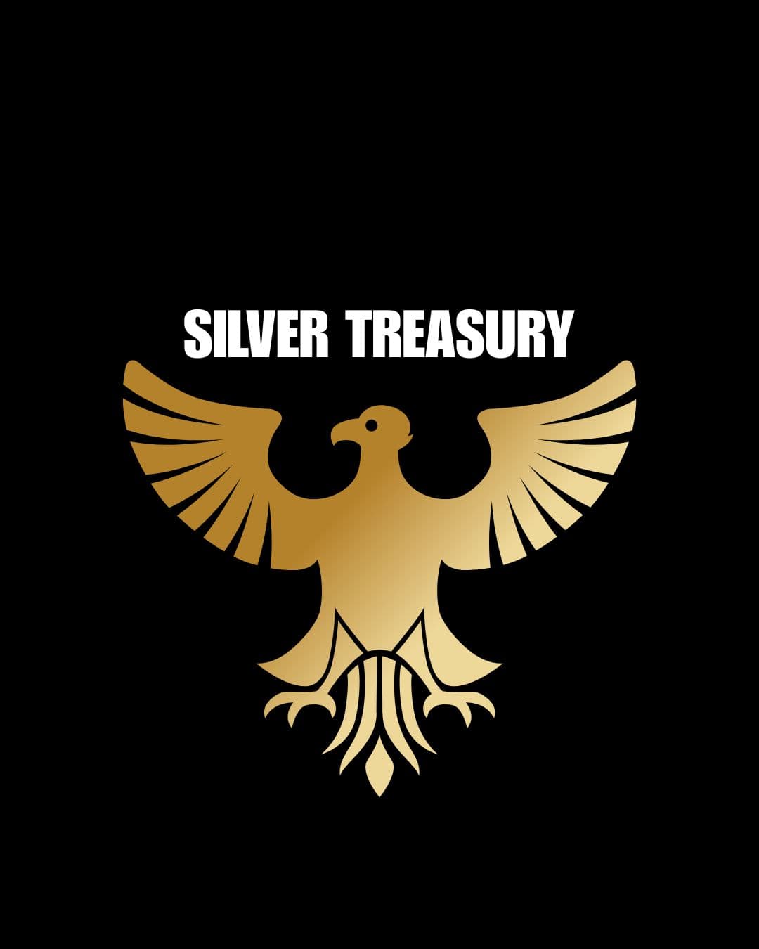 Gold eagle with spread wings below white text reading 'SILVER TREASURY' on a black background.